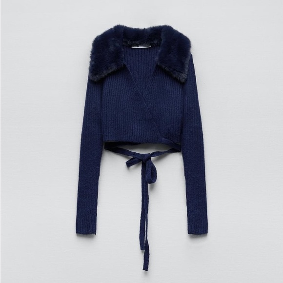 Zara Navy Blue Wool Blend Faux Fur Lapel Collar Knit Cardigan - Picture 14 of 17